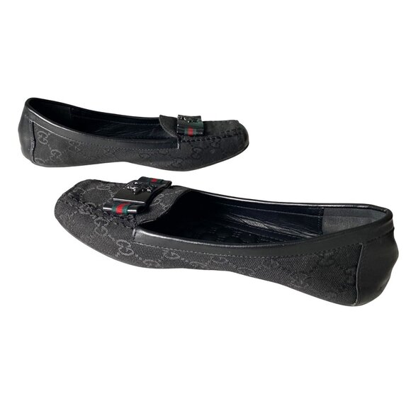 Gucci Black Canvas Leather Loafers Bow with Bees Women's Sz 39 Designer Luxury - Picture 8 of 13